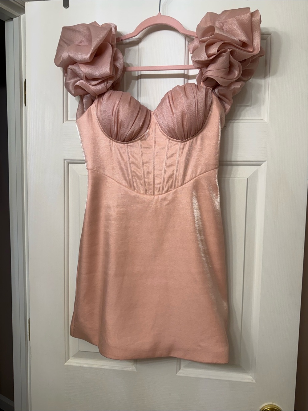 Miss Rosier Blush Pink Satin Mini Dress with Ruffled Puff Sleeves
